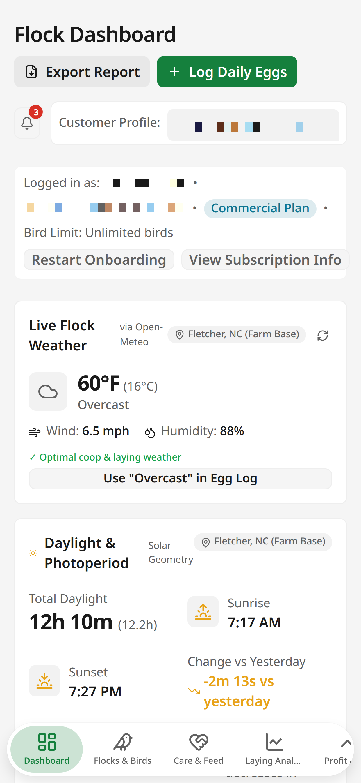 Flock Steward dashboard showing live flock weather, daylight hours, and flock stats