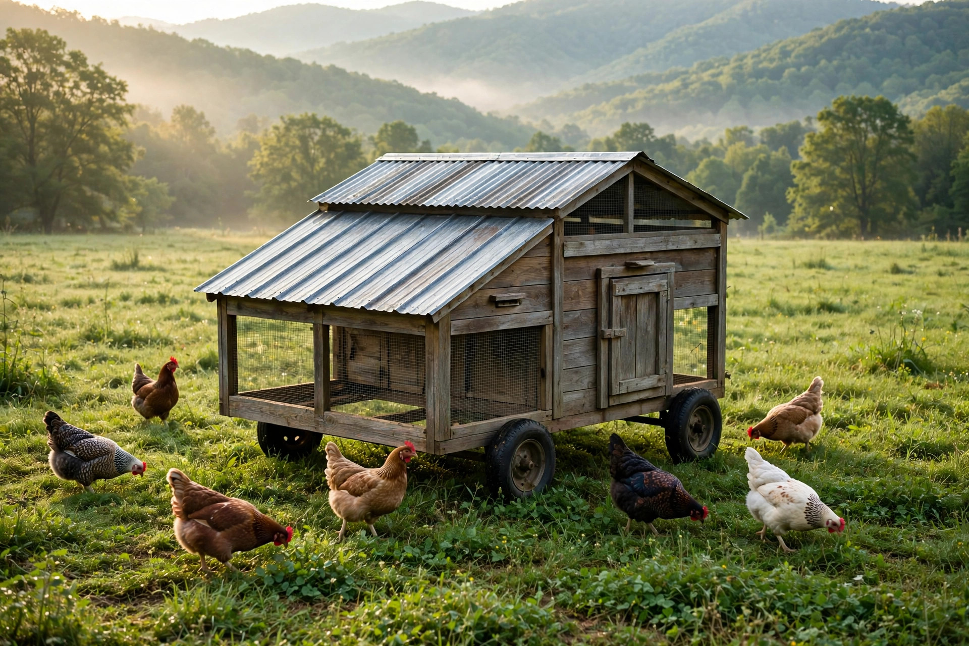 Mobile chicken coop on pasture